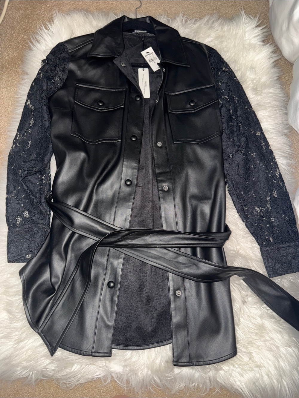 Express Faux Leather Utility Jacket with Lace Sleeves - Black